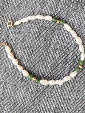 Vintage 14K Gold, Freshwater Pearl & Jade Bracelet